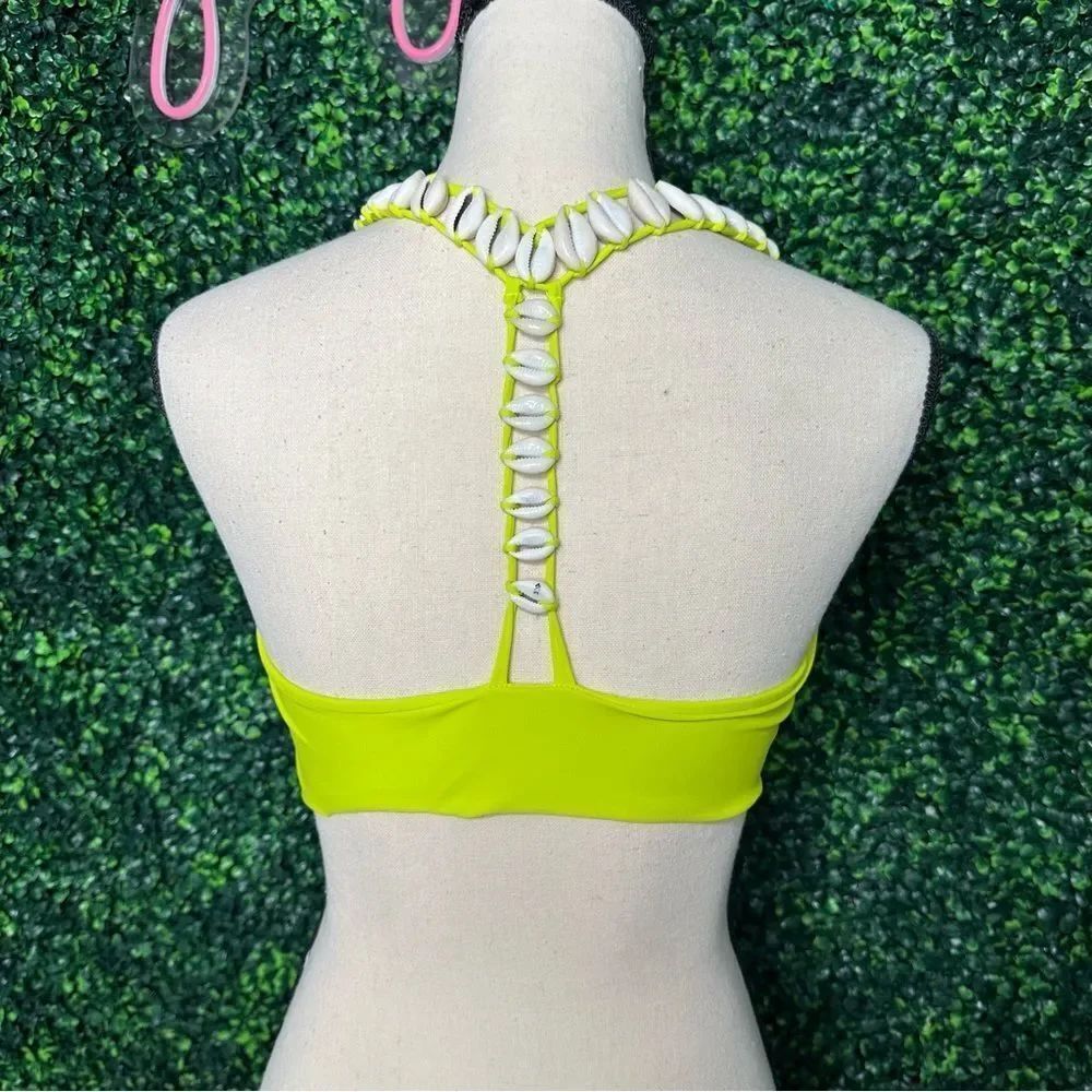 Cowry Shells Neon Bikini Racerback Lime Green Sports Bra Top Sz L